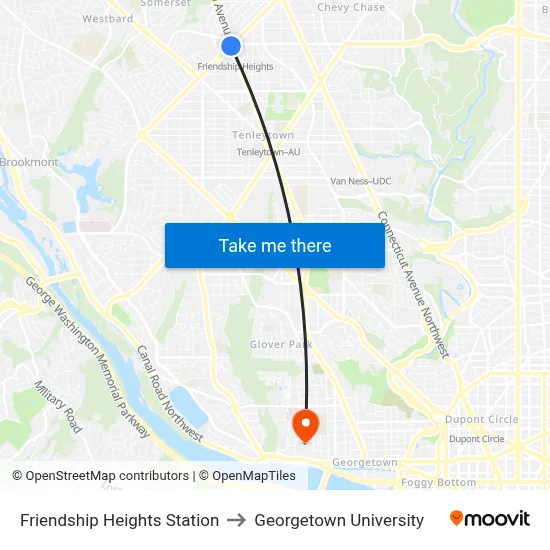 Friendship Heights Station to Georgetown University map