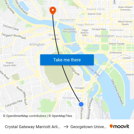 Crystal Gateway Marriott Arlington to Georgetown University map