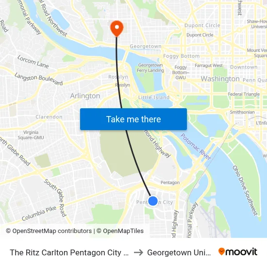 The Ritz Carlton Pentagon City Arlington to Georgetown University map