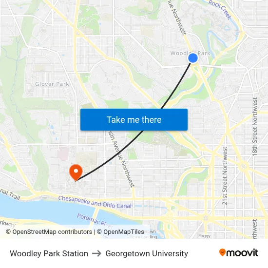 Woodley Park Station to Georgetown University map