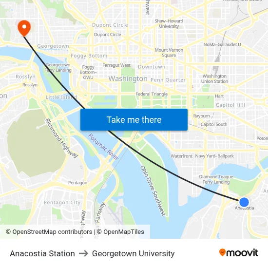 Anacostia Station to Georgetown University map