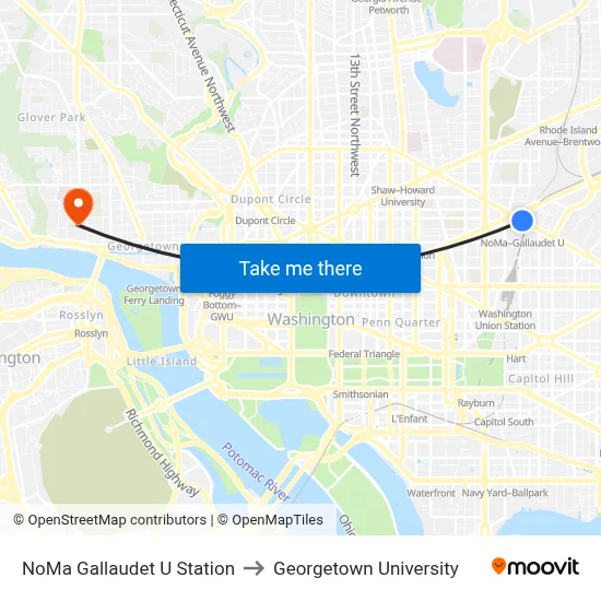 NoMa Gallaudet U Station to Georgetown University map