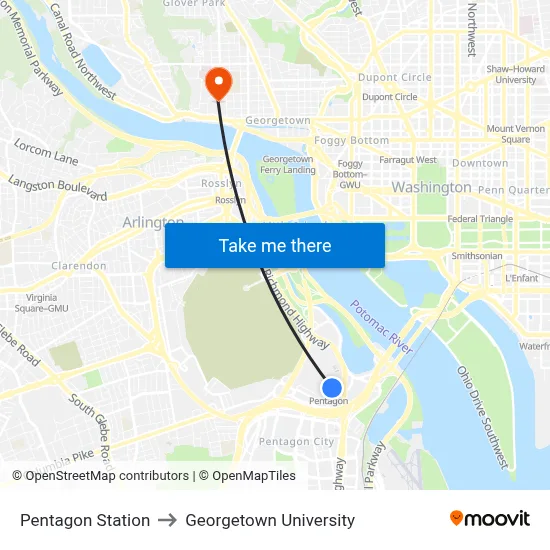 Pentagon Station to Georgetown University map