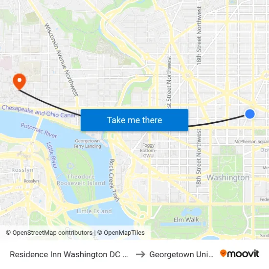 Residence Inn Washington DC Downtown to Georgetown University map