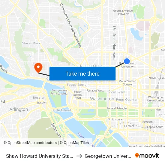 Shaw Howard University Station to Georgetown University map