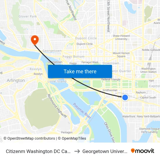Citizenm Washington DC Capitol to Georgetown University map