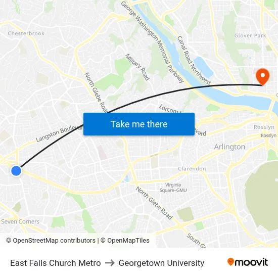 East Falls Church Metro to Georgetown University map