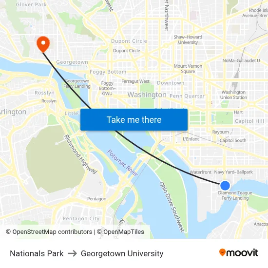 Nationals Park to Georgetown University map