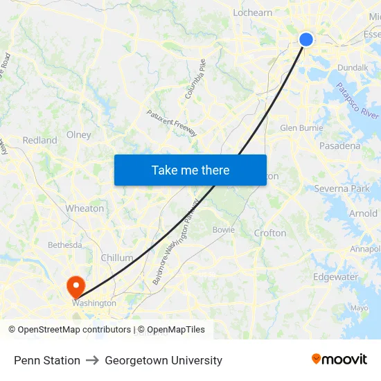 Penn Station to Georgetown University map