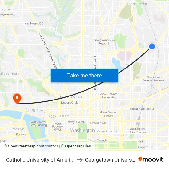 Catholic University of America, 620 Michigan Ave NE to Georgetown University map