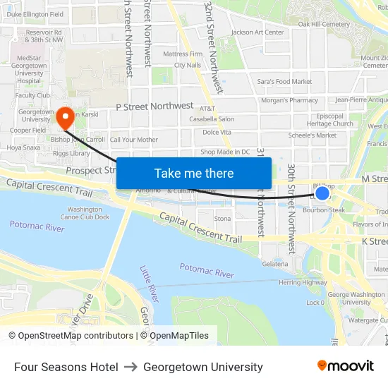Four Seasons Hotel, 2800 Pennsylvania Ave NW to Georgetown University map