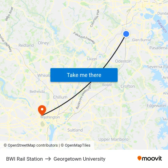 BWI Rail Station to Georgetown University map