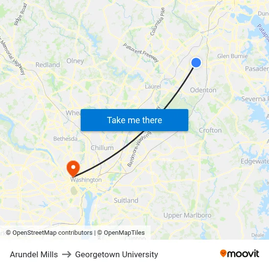 Arundel Mills to Georgetown University map