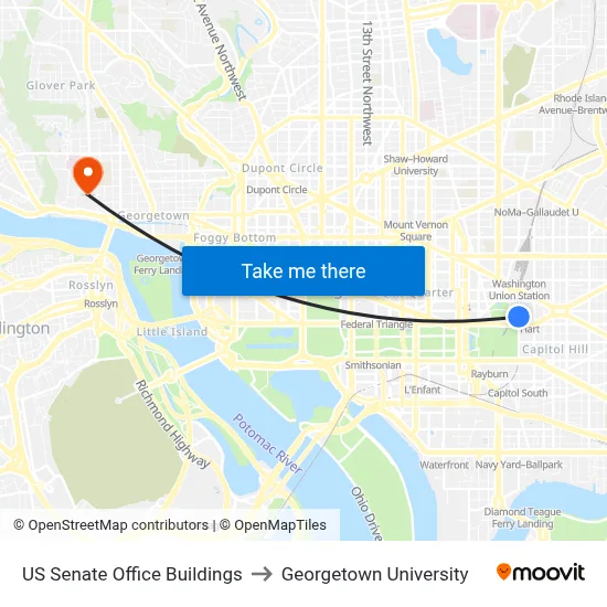 US Senate Office Buildings to Georgetown University map
