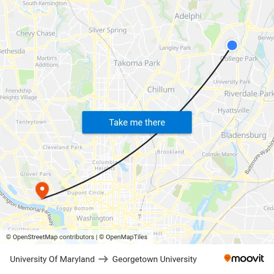 University Of Maryland to Georgetown University map