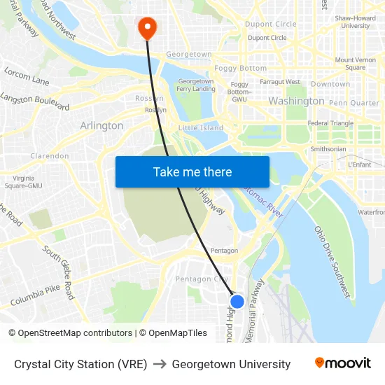 Crystal City Station (VRE) to Georgetown University map