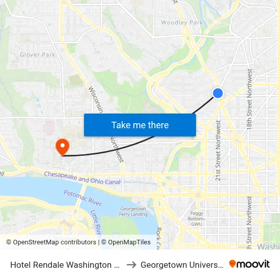 Hotel Rendale Washington DC to Georgetown University map