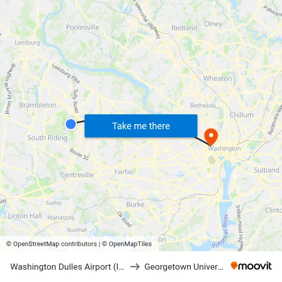 Washington Dulles Airport (IAD) to Georgetown University map