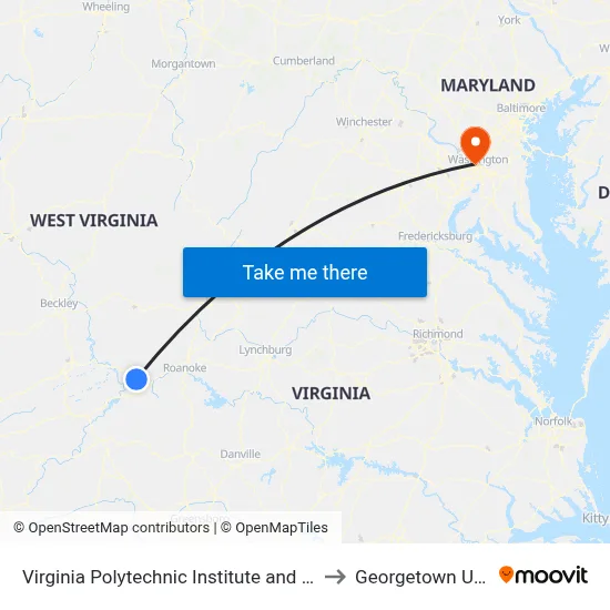 Virginia Polytechnic Institute and State University to Georgetown University map