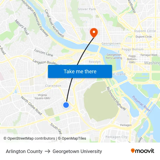 Arlington County to Georgetown University map