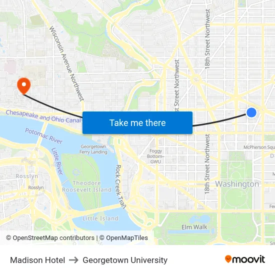 Madison Hotel to Georgetown University map