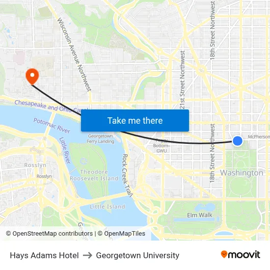Hays Adams Hotel, H St NW to Georgetown University map