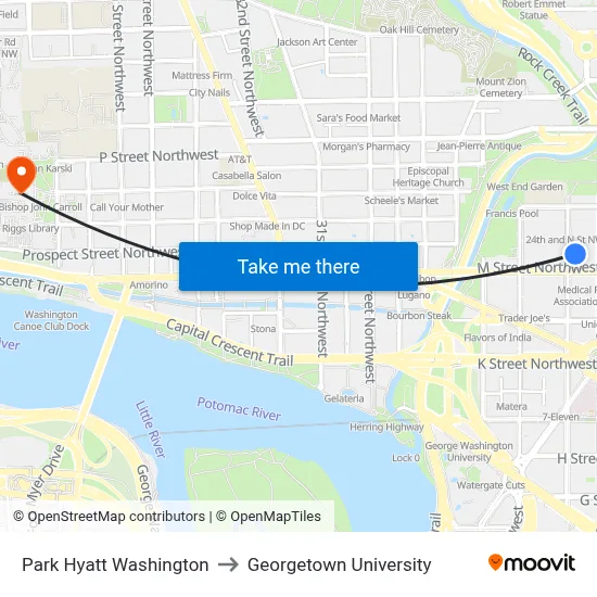 Park Hyatt Washington to Georgetown University map