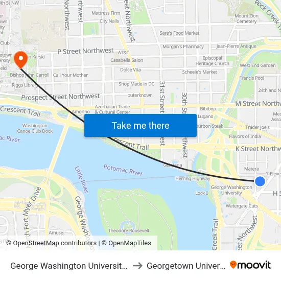 George Washington University Inn to Georgetown University map