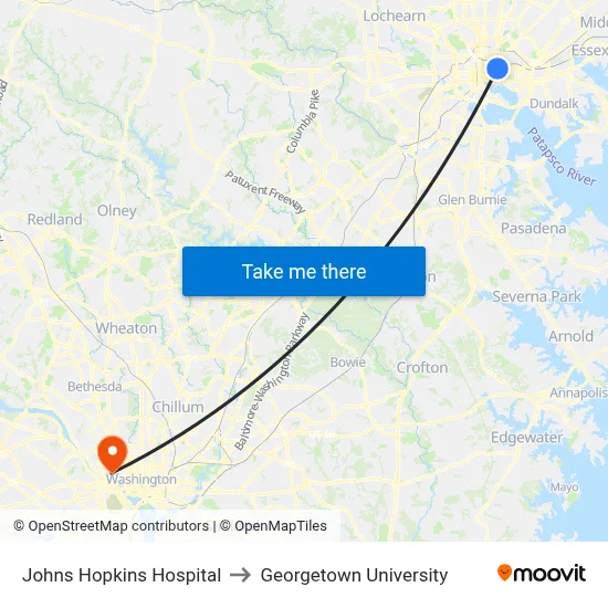 Johns Hopkins Hospital to Georgetown University map
