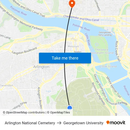Arlington National Cemetery to Georgetown University map
