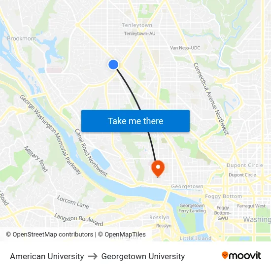 American University to Georgetown University map