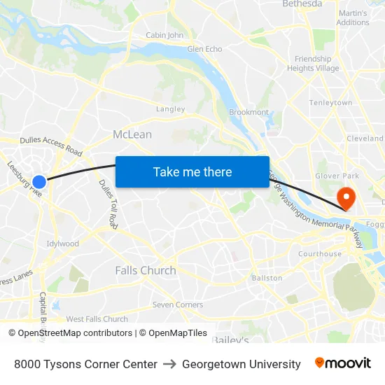 8000 Tysons Corner Center, 8000 Tysons Corner Center, McLean, VA 22102, USA to Georgetown University map