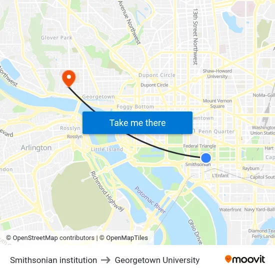 Smithsonian institution to Georgetown University map