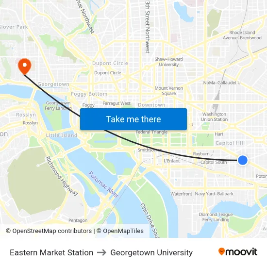 Eastern Market Station, Eastern Market Station, 701 Pennsylvania Ave SE, Washington, DC 20003, USA to Georgetown University map