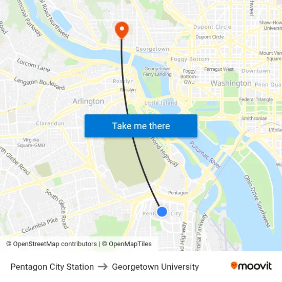Pentagon City Station, Pentagon City Station, 1250 S Hayes St, Arlington, VA 22202, USA to Georgetown University map