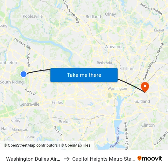 Washington Dulles Airport to Capitol Heights Metro Station map