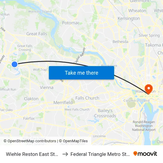 Wiehle Reston East Station to Federal Triangle Metro Station map