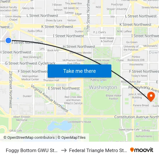 Foggy Bottom GWU Station to Federal Triangle Metro Station map