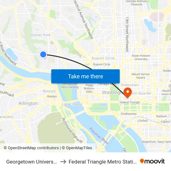 Georgetown University to Federal Triangle Metro Station map