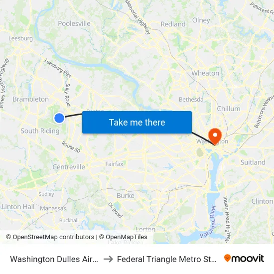 Washington Dulles Airport to Federal Triangle Metro Station map