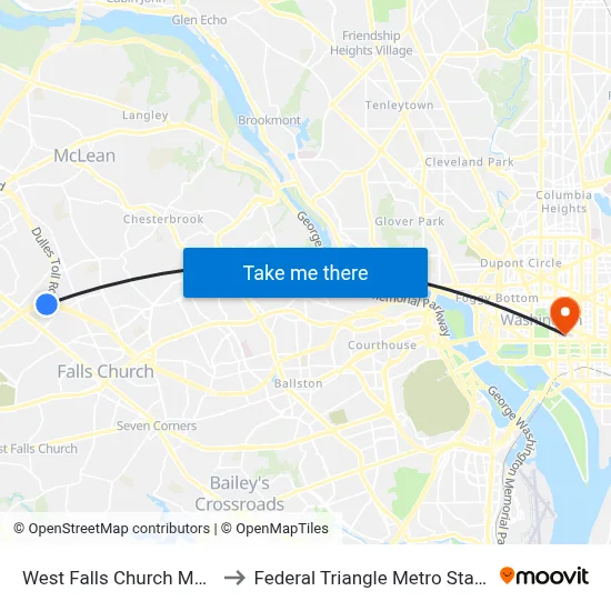 West Falls Church Metro to Federal Triangle Metro Station map