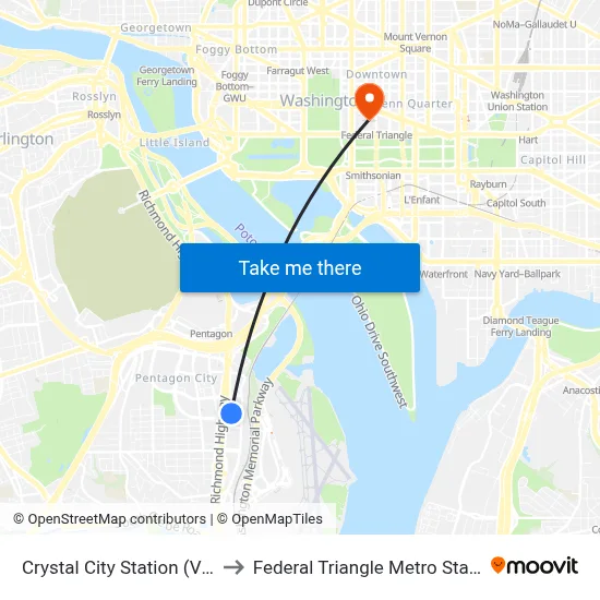 Crystal City Station (VRE) to Federal Triangle Metro Station map