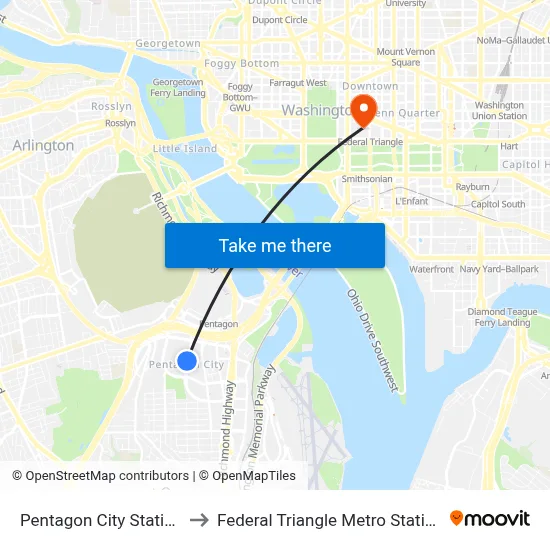 Pentagon City Station, Pentagon City Station, 1250 S Hayes St, Arlington, VA 22202, USA to Federal Triangle Metro Station map