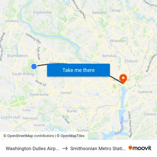 Washington Dulles Airport to Smithsonian Metro Station map