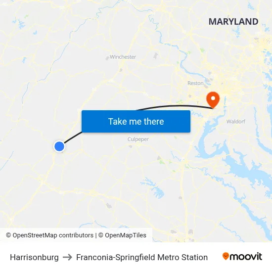 Harrisonburg to Franconia-Springfield Metro Station map