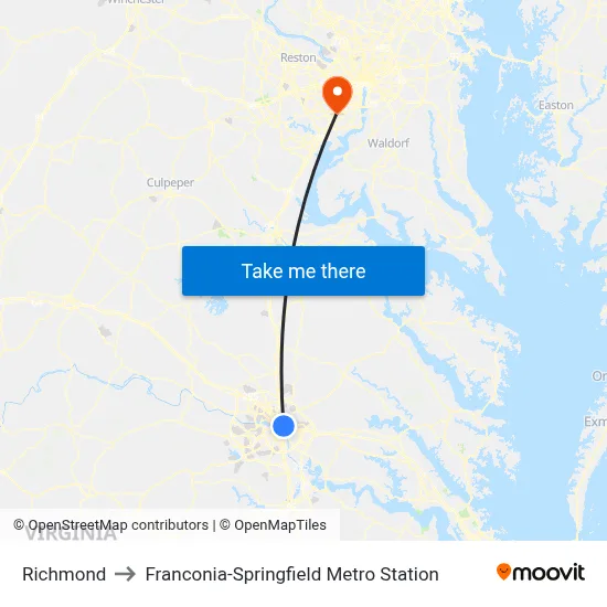 Richmond to Franconia-Springfield Metro Station map