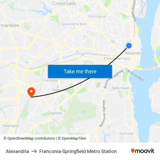 Alexandria to Franconia-Springfield Metro Station map