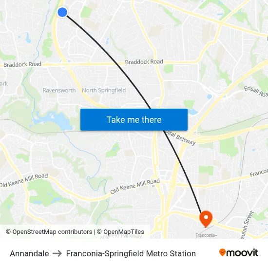 Annandale to Franconia-Springfield Metro Station map