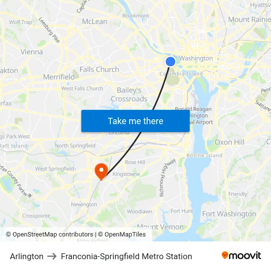 Arlington to Franconia-Springfield Metro Station map