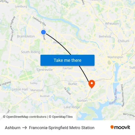 Ashburn to Franconia-Springfield Metro Station map
